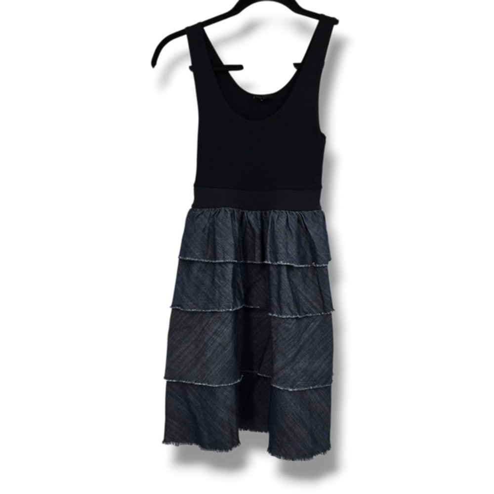 Theory Womens P/S Tiered Denim Look Fit & Flare Dress Black Blue Sleeveless - Picture 2 of 10